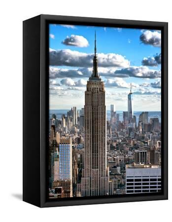 Cityscape, Empire State Building and One World Trade Center, Manhattan, NYC - Black Framed Canvas Print Wall Art, 9x12
