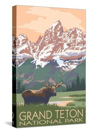 Grand Teton National Park - Moose and Mountains - Canvas Print Wall Art, 12x18