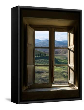 Outside View of Cypress Trees and Green Hills Through a Shabby Windows - Black Framed Canvas Print Wall Art, 12x16