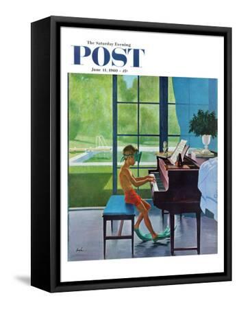 "Poolside Piano Practice," Saturday Evening Post Cover, June 11, 1960 - Black Framed Canvas Print Wall Art, 12x16