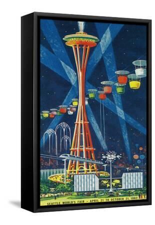 Space Needle Worlds Fair Poster - Seattle, WA - Black Framed Canvas Print Wall Art, 12x18