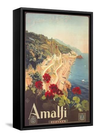 Travel Poster for Amalfi - Black Framed Canvas Print Wall Art, 12x18